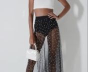 You’re out of this world, babe. The AKIRA Label Galaxy Pearl Mesh Maxi Skirt is a sheer and sexy mesh based skirt complete with a thick, elastic waistband, maxi length hem and allover faux pearl detailing and flowy silhouette. Pair with your favorite bodysuit and strappy stilettos to complete the look. nn-100% polyestern-Hand wash coldn-45” from waistline to hemn(approx, measured from small)n-Importedn-Model is wearing size small nnProduct ID: 410007139311