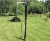 This DIY outdoor solar shower is to be connected to a regular garden hose. It should be positioned so that the reservoir is exposed to the sun.The total cost of parts was about CAD &#36;70. in July 2013 at a local hardware store (Quebec). Assembly and installation time is about one hour. nnDesign principles : nnThe control valve is placed at a convenient height for manipulation. nA garden hose is connected directly to the valve so the water pressure is not transferred to the reservoir and the rest