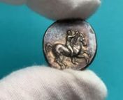 https://www.shannaschmidt.com/greek-coins/calabria-tarentum-c-315-bc?rq=gk1474nnAR Didrachm, 7.87g (21mm, 9h). Young rider galloping wreathed horse, in field ΣΑ / dolphin rider with distaff and palm branch, in field ΣYΜ and ΤΑPΑΣ below. Helmet symbol in r. Field.nnPedigree: Ex LHS 95, 2005, lot 442nnReferences: Fischer-Bossert 807 Rutter, HN 941 (dated 332/302 BC)nnGrade: Pristine condition with beautiful iridescent toning. Sharly struck and mint state(gk1474)nnThere are various theori