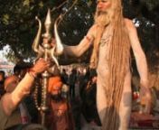 Shivraj- a naked Hindu holy man with an extraordinary trident talent at Maha Kumbh mela during Shivratri.nHaridwar &#124; India &#124; Feb 12 &#124; 2010