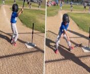 A five-year-old Little Leaguer has gone viral after he decided to bust a series of dance moves to his walkout song. The video of Ben Sadlowski has so far received more than five million views, one million likes, and comments from all over the world to say that it made people’s days. The clip was shared by Ben&#39;s mom, Monica, 40, from Manteca, California, who was watching her son&#39;s Little League game on May 17. Each player has their own walkout song, Monica said; her son just decided to take things a little further than others that day. As the song started playing and Ben began walking to home plate, he first started to wave his wings like a bird, keeping in time to the music. Then, having reached to the plate, Ben wasn&#39;t finished, either: he proceeded to put his bat down, wave his arms, and bust out a series of moves with his legs. Those watching on could not contain their laughter, with Monica, who was recording, heard giggling behind the camera. &#60;br/&#62;&#60;br/&#62;**NOTE TO DESKS: The music track is not cleared - Big Pun – “Still Not a Player” [SME]. Customers must obtain any relevant licenses for 3rd party rights for any use of 3rd party content in video, (including without limitation licenses in respect of rights in music and film footage), permissions and clearances from third parties or collecting societies for the Use, Display, Publishing, and Broadcasting of content.
