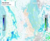 Rain will push northwards across the UK and will fall increasingly to sleet and snow over the Scottish hills.