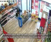 A bungling crook was caught red-handed raiding a discount store by an off-duty police officer out shopping in Nottingham.
