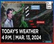 Today&#39;s Weather, 4 P.M. &#124; Mar. 13, 2024&#60;br/&#62;&#60;br/&#62;Video Courtesy of DOST-PAGASA&#60;br/&#62;&#60;br/&#62;Subscribe to The Manila Times Channel - https://tmt.ph/YTSubscribe &#60;br/&#62;&#60;br/&#62;Visit our website at https://www.manilatimes.net &#60;br/&#62;&#60;br/&#62;Follow us: &#60;br/&#62;Facebook - https://tmt.ph/facebook &#60;br/&#62;Instagram - https://tmt.ph/instagram &#60;br/&#62;Twitter - https://tmt.ph/twitter &#60;br/&#62;DailyMotion - https://tmt.ph/dailymotion &#60;br/&#62;&#60;br/&#62;Subscribe to our Digital Edition - https://tmt.ph/digital &#60;br/&#62;&#60;br/&#62;Check out our Podcasts: &#60;br/&#62;Spotify - https://tmt.ph/spotify &#60;br/&#62;Apple Podcasts - https://tmt.ph/applepodcasts &#60;br/&#62;Amazon Music - https://tmt.ph/amazonmusic &#60;br/&#62;Deezer: https://tmt.ph/deezer &#60;br/&#62;Tune In: https://tmt.ph/tunein&#60;br/&#62;&#60;br/&#62;#TheManilaTimes&#60;br/&#62;#WeatherUpdateToday &#60;br/&#62;#WeatherForecast&#60;br/&#62;