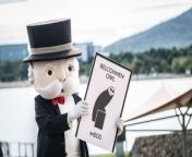 Mr Monopoly arrived at the launch of the Canberra version of Monopoly on a GoBoat gliding across Lake Burley Griffin.
