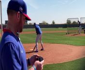 Texas Rangers pitcher Taylor Guerrieri faces first baseman Ronald Guzman in a live bullpen session at the club&#39;s spring training facility in Surprise, Arizona on February 18, 2020.