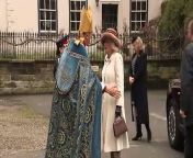 Queen Camilla arrives at Worcester Cathedral for the annual Royal Maundy Service where she is deputising for the King. A large and noisy protest by members of the anti-monarchy group Republic can be heard, who shout &#92;
