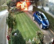 Dramatic footage shows an ambulance explode into a fireball minutes after dropping a 91-year-old patient back at home.