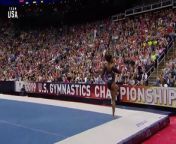 Simone Biles is the first woman in history to land a triple double on her floor routine at the 2019 U.S. Gymnastics Championships in Kansas City, Mo. part of the Team USA Champions Series presented by Xfinity.