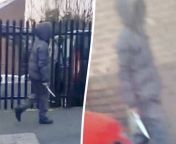 Chilling footage captures the moment a hooded knifeman casually walked down the street while brandishing a huge blade near a primary school.&#60;br/&#62;The thug was spotted by a passing motorist strolling along Benson Road in Handsworth, Birmingham, while clutching the sinister-looking knife this week.&#60;br/&#62;Video: Birmz Is Grime/SWNS