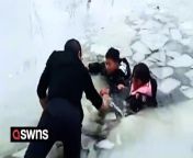 This is the moment a security guard rescued two children who had accidentally fallen into a frozen pond.&#60;br/&#62;&#60;br/&#62;The guard rushed to rescue the kids - a boy and a girl - after hearing them crying in a residential area in Pingqiao District on the outskirts of Xinyang, China.&#60;br/&#62;&#60;br/&#62;At this time of year, Xinyang in Henan province sees an average temperature of 0 degrees, putting the kids at risk of serious injury if not rescued.&#60;br/&#62;&#60;br/&#62;A video shows Mr Wang, 39, waist-deep in water, breaking through the ice to reach the two kids. &#60;br/&#62;&#60;br/&#62;The girl can be heard shouting: “Save the boy, he’s younger!” as the man wades over to pull them out.