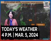 Today&#39;s Weather, 4 P.M. &#124; Mar. 5, 2024&#60;br/&#62;&#60;br/&#62;Video Courtesy of DOST-PAGASA&#60;br/&#62;&#60;br/&#62;Subscribe to The Manila Times Channel - https://tmt.ph/YTSubscribe &#60;br/&#62;&#60;br/&#62;Visit our website at https://www.manilatimes.net &#60;br/&#62;&#60;br/&#62;Follow us: &#60;br/&#62;Facebook - https://tmt.ph/facebook &#60;br/&#62;Instagram - https://tmt.ph/instagram &#60;br/&#62;Twitter - https://tmt.ph/twitter &#60;br/&#62;DailyMotion - https://tmt.ph/dailymotion &#60;br/&#62;&#60;br/&#62;Subscribe to our Digital Edition - https://tmt.ph/digital &#60;br/&#62;&#60;br/&#62;Check out our Podcasts: &#60;br/&#62;Spotify - https://tmt.ph/spotify &#60;br/&#62;Apple Podcasts - https://tmt.ph/applepodcasts &#60;br/&#62;Amazon Music - https://tmt.ph/amazonmusic &#60;br/&#62;Deezer: https://tmt.ph/deezer &#60;br/&#62;Tune In: https://tmt.ph/tunein&#60;br/&#62;&#60;br/&#62;#themanilatimes&#60;br/&#62;#WeatherUpdateToday &#60;br/&#62;#WeatherForecast