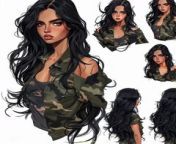 Prompt Midjourney : beautiful girl character, multiple poses and expressions, 100% white background, sketch style, full color, flowing long black hair, pretty but fierce, military apparel, young, full lips, post apocalypse, flat color --no outline --v 6.0