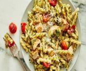 Add pesto, sweet cherry tomatoes, and a splash of white wine vinegar for brightness, and you’ve got yourself the perfect simple chicken pasta dinner in less than 30 minutes.