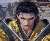Prompt Midjourney : An East Asian men,hyper-realistic details 3D anime,stunningly handsome,Male curve,perfect physique,Masculinity,shiny/glossy,exquisite detail,4K,- - A middle-aged man with black curly hair tied in a bun with a jade pin - A square face with sharp features and deep eyes that can see everything - A yellow robe with dragon and phoenix patterns, a jade belt with gems, and a black cloak with gold edges - A yellow crown with a long feather, a jade bracelet with symbols, and a jade sword with a spiral pattern - A calm and confident expression with a slight smile - A straight and upright posture with a sword in his hands, leaning forward slightly - A mountain peak with clouds and mist - A palace with pillars and arches - A throne with a dragon and phoenix motif