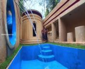 Building Jungle Underground House and Water slide to swimming pool from rape in pool