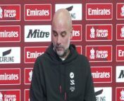 Manchester City boss Pep Guardiola reacts to drawing Real Madrid in the UEFA Champions League quarter-final as they prepare to face Newcastle in the FA Cup&#60;br/&#62;Manchester, UK