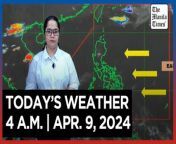 Today&#39;s Weather, 4 A.M. &#124; Apr. 9, 2024&#60;br/&#62;&#60;br/&#62;Video Courtesy of DOST-PAGASA&#60;br/&#62;&#60;br/&#62;Subscribe to The Manila Times Channel - https://tmt.ph/YTSubscribe &#60;br/&#62;&#60;br/&#62;Visit our website at https://www.manilatimes.net &#60;br/&#62;&#60;br/&#62;Follow us: &#60;br/&#62;Facebook - https://tmt.ph/facebook &#60;br/&#62;Instagram - Ahttps://tmt.ph/instagram &#60;br/&#62;Twitter - https://tmt.ph/twitter &#60;br/&#62;DailyMotion - https://tmt.ph/dailymotion &#60;br/&#62;&#60;br/&#62;Subscribe to our Digital Edition - https://tmt.ph/digital &#60;br/&#62;&#60;br/&#62;Check out our Podcasts: &#60;br/&#62;Spotify - https://tmt.ph/spotify &#60;br/&#62;Apple Podcasts - https://tmt.ph/applepodcasts &#60;br/&#62;Amazon Music - https://tmt.ph/amazonmusic &#60;br/&#62;Deezer: https://tmt.ph/deezer &#60;br/&#62;Tune In: https://tmt.ph/tunein&#60;br/&#62;&#60;br/&#62;#TheManilaTimes&#60;br/&#62;#WeatherUpdateToday &#60;br/&#62;#WeatherForecast