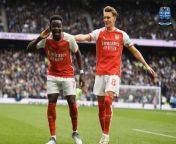 Bukayo Saka made the Tottenham fans eat their words as he watched his corner kick get headed in by one of their players after they had taunted him.&#60;br/&#62;&#60;br/&#62;Arsenal claimed a huge victory over Spurs at the Tottenham Hotspur Stadium with the hosts failing to pull off a comeback after going 3-0 down.&#60;br/&#62;&#60;br/&#62;It looked to be the most difficult game of Arsenal&#39;s run-in but the visitors made the perfect start when Saka&#39;s corner was turned into his net by Pierre-Emile Hojbjerg.&#60;br/&#62;&#60;br/&#62;The home fans had tried to put Saka off by chanting &#39;You let your country down&#39; about his penalty miss in the European Championship final.&#60;br/&#62;&#60;br/&#62;It had no impact though as the Gunners broke the deadlock and Saka made sure to respond to the Tottenham faithful by cupping his ears.&#60;br/&#62;&#60;br/&#62;Saka then went on to double the lead with a classy finish before Kai Havertz made it three from another corner.&#60;br/&#62;&#60;br/&#62;Spurs hit back with Cristian Romero capitalizing on a mistake from David Raya before Son Heung-min netted from the penalty spot.&#60;br/&#62;&#60;br/&#62;Arsenal managed to hold on and extend their lead at the top of the table before Man City reduced it with their 2-0 win over Nottingham Forest.