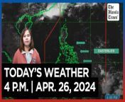Today&#39;s Weather, 4 P.M. &#124; Apr. 26, 2024&#60;br/&#62;&#60;br/&#62;Video Courtesy of DOST-PAGASA&#60;br/&#62;&#60;br/&#62;Subscribe to The Manila Times Channel - https://tmt.ph/YTSubscribe &#60;br/&#62;&#60;br/&#62;Visit our website at https://www.manilatimes.net &#60;br/&#62;&#60;br/&#62;Follow us: &#60;br/&#62;Facebook - https://tmt.ph/facebook &#60;br/&#62;Instagram - https://tmt.ph/instagram &#60;br/&#62;Twitter - https://tmt.ph/twitter &#60;br/&#62;DailyMotion - https://tmt.ph/dailymotion &#60;br/&#62;&#60;br/&#62;Subscribe to our Digital Edition - https://tmt.ph/digital &#60;br/&#62;&#60;br/&#62;Check out our Podcasts: &#60;br/&#62;Spotify - https://tmt.ph/spotify &#60;br/&#62;Apple Podcasts - https://tmt.ph/applepodcasts &#60;br/&#62;Amazon Music - https://tmt.ph/amazonmusic &#60;br/&#62;Deezer: https://tmt.ph/deezer &#60;br/&#62;Tune In: https://tmt.ph/tunein&#60;br/&#62;&#60;br/&#62;#TheManilaTimes&#60;br/&#62;#WeatherUpdateToday &#60;br/&#62;#WeatherForecast&#60;br/&#62;