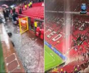 The decrepit state of Old Trafford was laid bare as Manchester United sprang a leak on and off the pitch.&#60;br/&#62;&#60;br/&#62;As United sank to a 1-0 defeat to Arsenal, who kept up their title challenge on reigning champions Manchester City, a fierce thunderstorm swamped the 114-year-old stadium.&#60;br/&#62;&#60;br/&#62;Water could be seen cascading from one corner of the ground while videos on social media showed a flood pouring under seats and even where the players’ tunnel meets the dressing rooms.&#60;br/&#62;&#60;br/&#62;United said that 1.6 inches of rain fell in two hours after the final whistle – more than in the entire month of May last year – but supporters of both clubs left the stadium safely.&#60;br/&#62;&#60;br/&#62;The deluge coincided with a visit from Labour Party leader and Arsenal season-ticket fan Sir Keir Starmer as a guest of Mayor of Greater Manchester Andy Burnham, who met with Lord Coe and United’s minority owner Sir Jim Ratcliffe beforehand to discuss the future of Old Trafford.&#60;br/&#62;&#60;br/&#62;Coe is head of the task force driving plans to regenerate the stadium and surrounding areas.&#60;br/&#62;&#60;br/&#62;United is backing Ratcliffe’s vision to bulldoze Old Trafford and build a ‘Wembley of the North’ at a cost of up to £ 2 billion but will consider renovating the existing stadium if it is not feasible.&#60;br/&#62;&#60;br/&#62;Ratcliffe pledged £237million to upgrade Old Trafford as part of his £1.3bn investment in United, but Sunday&#39;s flood was a reminder that plenty more will be needed to plug the gaps.&#60;br/&#62;&#60;br/&#62;While rival fans delight in singing that ‘Old Trafford is falling’, United supporters point to the wretched state of the stadium as a symbol of neglect by the Glazer family during 19 years in power. &#60;br/&#62;&#60;br/&#62;&#39;Embarrassing, sums up the neglect the Glazers have shown towards the upkeep and maintenance of Old Trafford and Carrington,&#39; one fan wrote on X, formerly Twitter.&#60;br/&#62;&#60;br/&#62;Another wrote: &#39;United fans deserve better!! Fix the fu..n roof!!!&#39; A third said: &#39;Clubs rotten in every single aspect.&#39;&#60;br/&#62;&#60;br/&#62;&#39;They still haven’t fixed the roof?? sorry to the people sat right under the hole in the ceiling,&#39; said another.&#60;br/&#62;&#60;br/&#62;Co-chairman Avram Glazer was 200 miles away from Old Trafford in the Royal Box at Wembley as United’s women’s team beat Tottenham to lift the FA Cup. &#60;br/&#62;&#60;br/&#62;Ratcliffe sent a good luck message to coach Marc Skinner and the players in the morning and posted his congratulations on social media.
